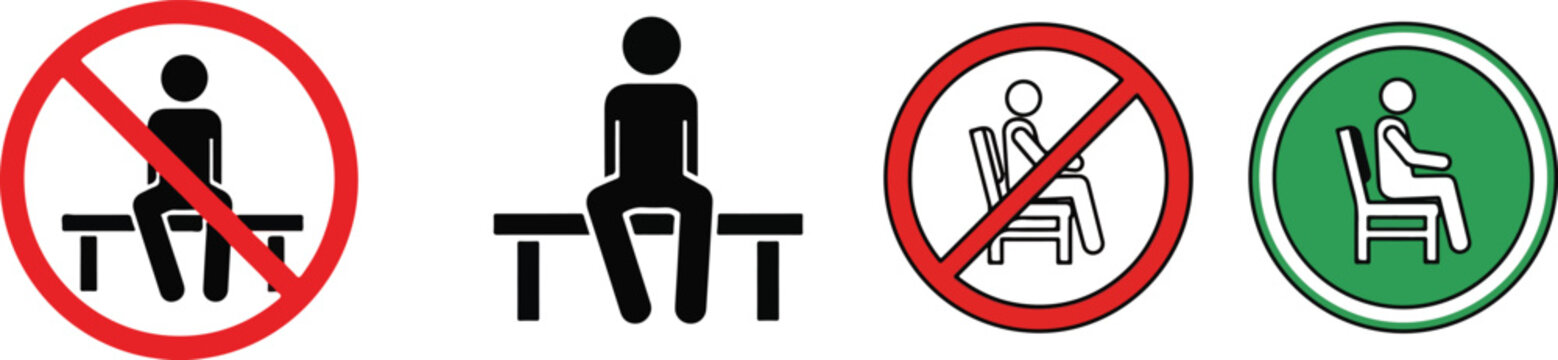  Sitting and no sitting icon set. Public warning, caution, and information symbol vector eps