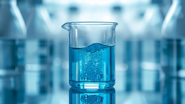 Blue Chemical Solution Bubbling in Glass Beaker with Rows of Conical Flasks in Laboratory