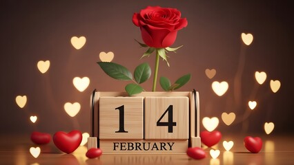 Wooden block calendar showing February 14th, with a red rose and heart bokeh lights.
