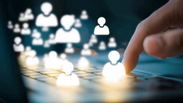 The human touch in a network of connected individuals: The scene features a hand delicately interacting with illuminated, representative figures that symbolize networking, connection.