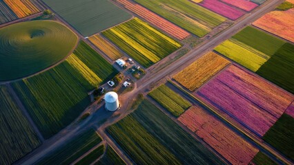 Breathtaking Aerial View of Vibrant Multicolored Farmland with Silos and Roads Captured at Sunrise in Spring