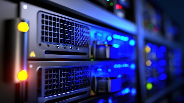 rack. Close-up of glowing blue server rack lights creating an abstract technological pattern on a dark background. product launch decks.