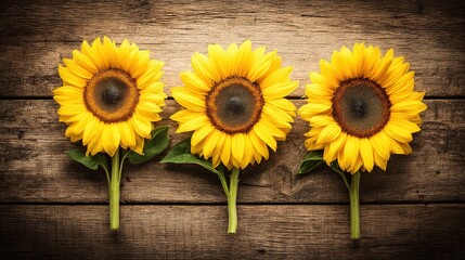 Obraz premium sunflower. Vibrant sunflower arrangement on a rustic wooden surface, bathed in warm natural light from above. gardening catalogs, home-decor guides, designed for home decor and floral branding.
