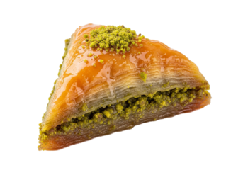 baklava slice with pistachio topping and orange glaze