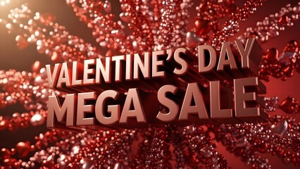 3D text 'VALENTINE'S DAY MEGA SALE' with bokeh hearts, promoting retail event