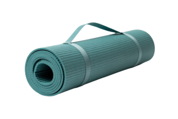 Rolled teal yoga mat with straps