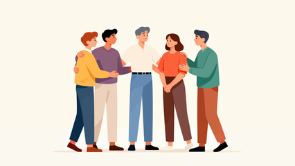 A group of people are hugging each other. The people are of different ages and genders. Scene is warm and friendly