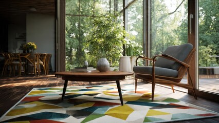 Modern Living Room with Geometric Rug and Cozy Armchair Overlooking Greenery in Sunlit Atmosphere