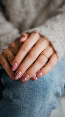 Soft pink manicure with white lettering on nails, cozy sweater sleeve and gold rings on hands resting on denim jeans