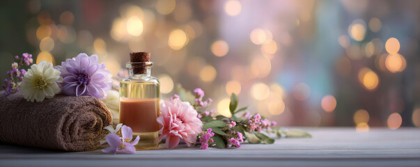 Aromatherapy oil bottle with cork, soft towel, and delicate pink and purple flowers create calming and peaceful spa atmosphere
