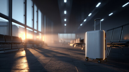 Modern suitcase with extended handle standing in empty airport terminal illuminated by warm sunlight and artificial lights