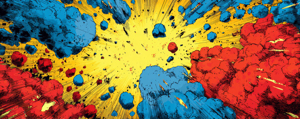 Explosion with red and blue smoke clouds bursting outward in dynamic comic style art