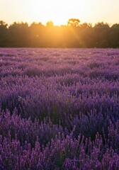 Expansive purple floral landscape bathed in soft golden sunlight during the warm summer season, illustrating agricultural beauty ,cultivated ,dreamy ,sunset