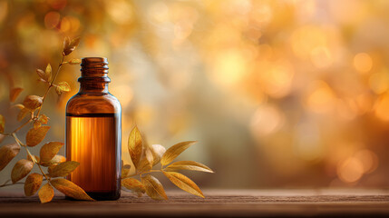 Essential oil bottle with autumn leaves on wooden surface, warm golden light creating cozy and natural atmosphere