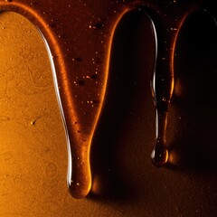 Extreme macro view of a deeply rich, thick, clear amber glaze dripping down a textured surface, creating abstract, glossy highlights and shadows ,coating ,flow ,edible