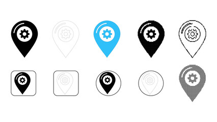 Location settings pin system map icon set in solid line dot pixelated colourful styles