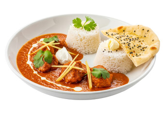 beef curry with rice mounds and naan on a white plate, indian dish