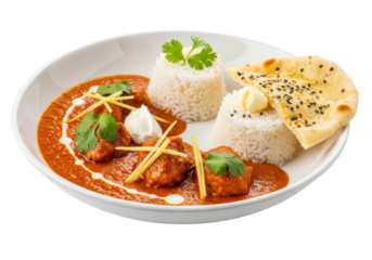 beef curry with rice mounds and naan on a white plate, indian dish
