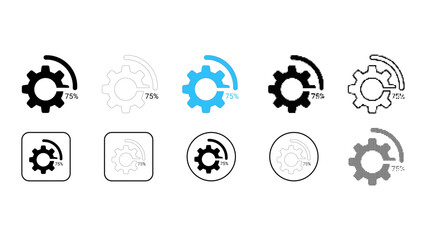 Progress settings gear performance icon set in solid line dot pixelated colourful styles