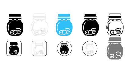 Savings jar icon set for money storage finance concept in solid line dot pixelated colourful style for banking design