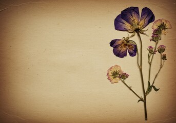 Faded pressed flowers resting on vintage paper, symbolizing nostalgic memories, loss, and the poignant beauty of time passing ,memory ,peaceful ,nostalgia