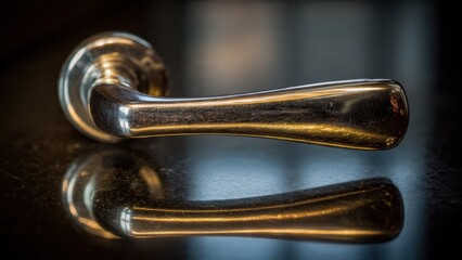 Close-Up of Elegant Metallic Door Handle with Reflective Surface in Modern Interior Design Setting