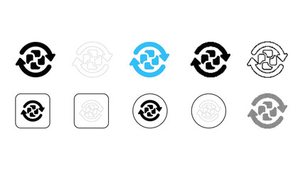 Refresh sync icon set illustrating update cycle process in solid line dot pixelated colourful style for system interface