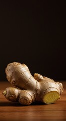 Freshly harvested ginger root on a simple wooden surface, showing its rough skin, fibrous texture, and potent culinary value ,healthy ,raw ,food