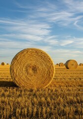 Freshly cut golden fodder compressed into large cylindrical bales resting in an expansive sunny field during the late summer harvest ,farming industry ,traditional ,summer