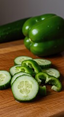 Freshly washed cucumber and bright green bell pepper pieces on a wooden cutting board, ready for a healthy meal ,crisp ,ripe ,natural