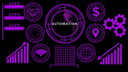 Automation Technology Interface with Global Data, Financial Icons, and Growth Charts in Neon Purple digital - Powered by Adobe