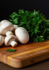 Freshly picked white mushrooms and vibrant green parsley are beautifully arranged on a wooden cutting board, ready for a delicious meal ,white ,fresh ,herbs