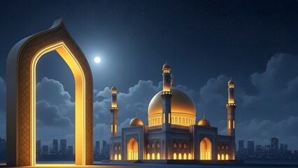 Moonlit mosque with illuminated arch and minarets