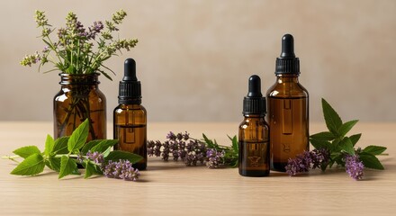 Holistic natural medicine concept featuring herbal remedies, fresh plants, and dropper bottles on a clean wooden surface ,health ,glass ,soothing