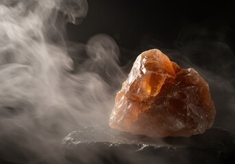 Hot vapor wafting over rough, crystalline mineral stones, creating a relaxing, therapeutic, and naturally heated atmosphere ,macro ,hot ,healing