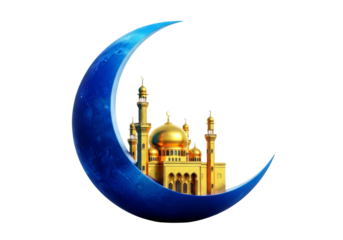 blue crescent moon with golden mosque silhouette