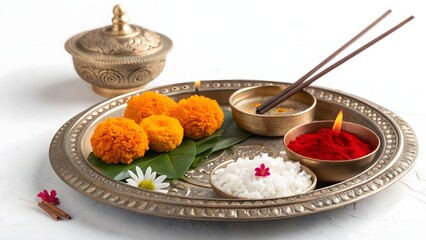 Traditional Hindu Puja Thali &ndash; Ritual Plate with Flowers, Kumkum, Diya, and Sacred Offerings