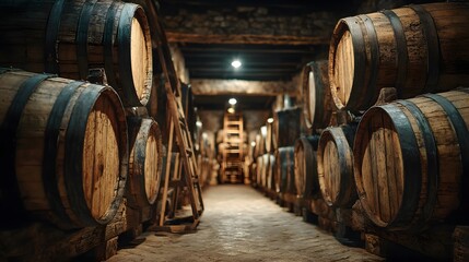 Rows of stacked oak wine barrels sit in dim cellar with wooden ladder leaning against them highlighting rustic winery atmosphere view.