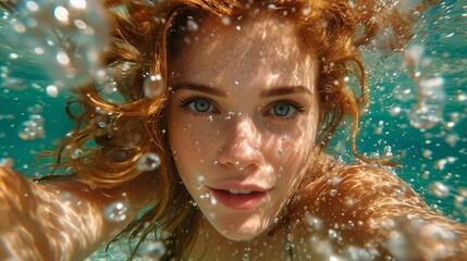 Young woman swimming underwater with bubbles around her in a clear blue pool on a sunny day