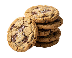 A stack of delectable chocolate chip cookies with a golden-brown exterior and melted chocolate chunks, invitingly arranged for a treat.