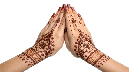 Henna-Adorned Hands in Prayer Pose &ndash; Traditional Mehndi Art with Floral and Geometric Motifs