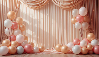 A vibrant bunch of colorful balloons floats against a bright background, luxury and elegant,