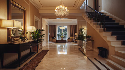 Elegant foyer with a chandelier, a console table, and a large mirror, making a stunning first impression
