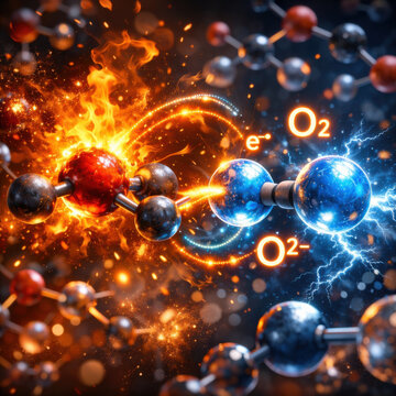 Fiery red molecule transferring electron to glowing blue oxygen molecule amid sparks and electric energy, dynamic oxidation reaction visual with vibrant contrast and dramatic motion