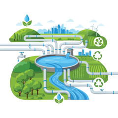 Illustration of a sustainable water management system with pipes, recycling symbols, and green landscapes leading to a cityscape under a blue sky with clouds.