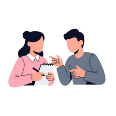 Obraz premium Flat vector illustration of a man and woman discussing business while she takes notes. Meeting or interview.