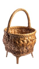 A close-up view of a meticulously woven, sturdy wicker basket with a rounded handle, supported by three wooden feet, isolated on white