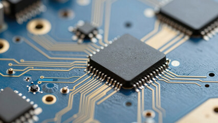 Macro detail of a blue futuristic circuit board with metallic pathways and electronic components.