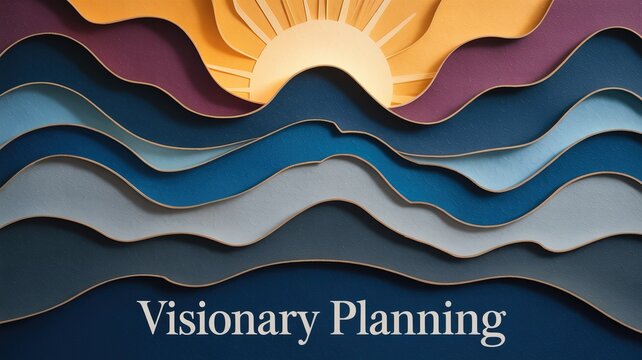 Abstract landscape with layered waves and a radiant sun at sunrise, evoking a sense of hope and new beginnings.