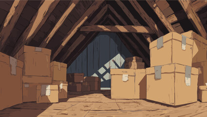 vector Attic Storage - Boxes and Beams in a Cozy Space.